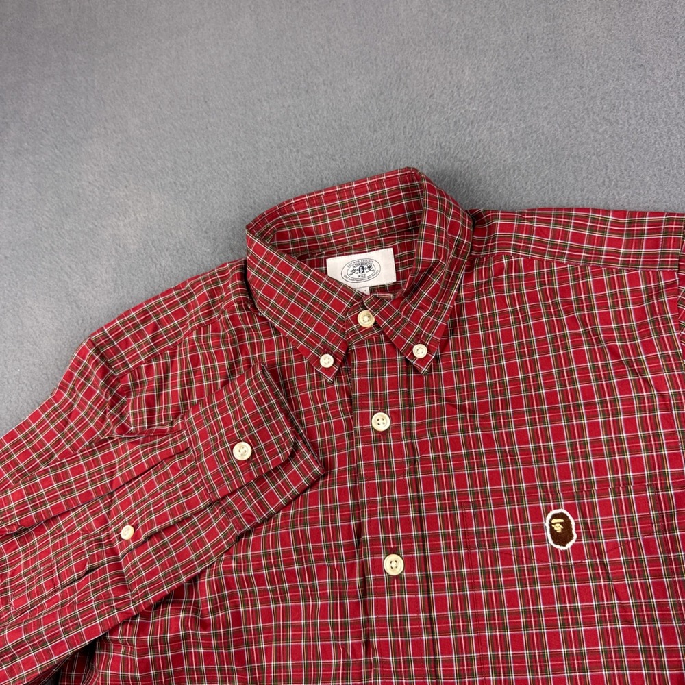 A Bathing Ape Oxford Shirt Men's S Red Plaid Long Sleeve Button Down BAPE OCBD